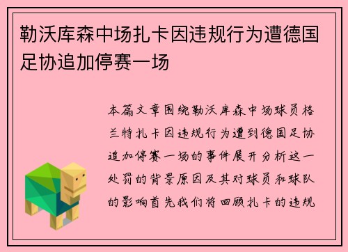 勒沃库森中场扎卡因违规行为遭德国足协追加停赛一场